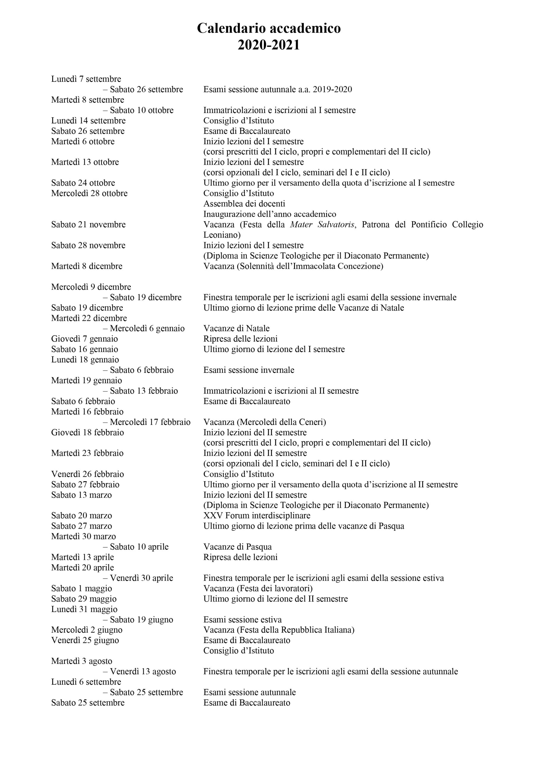 Calendario accademico 2020-2021