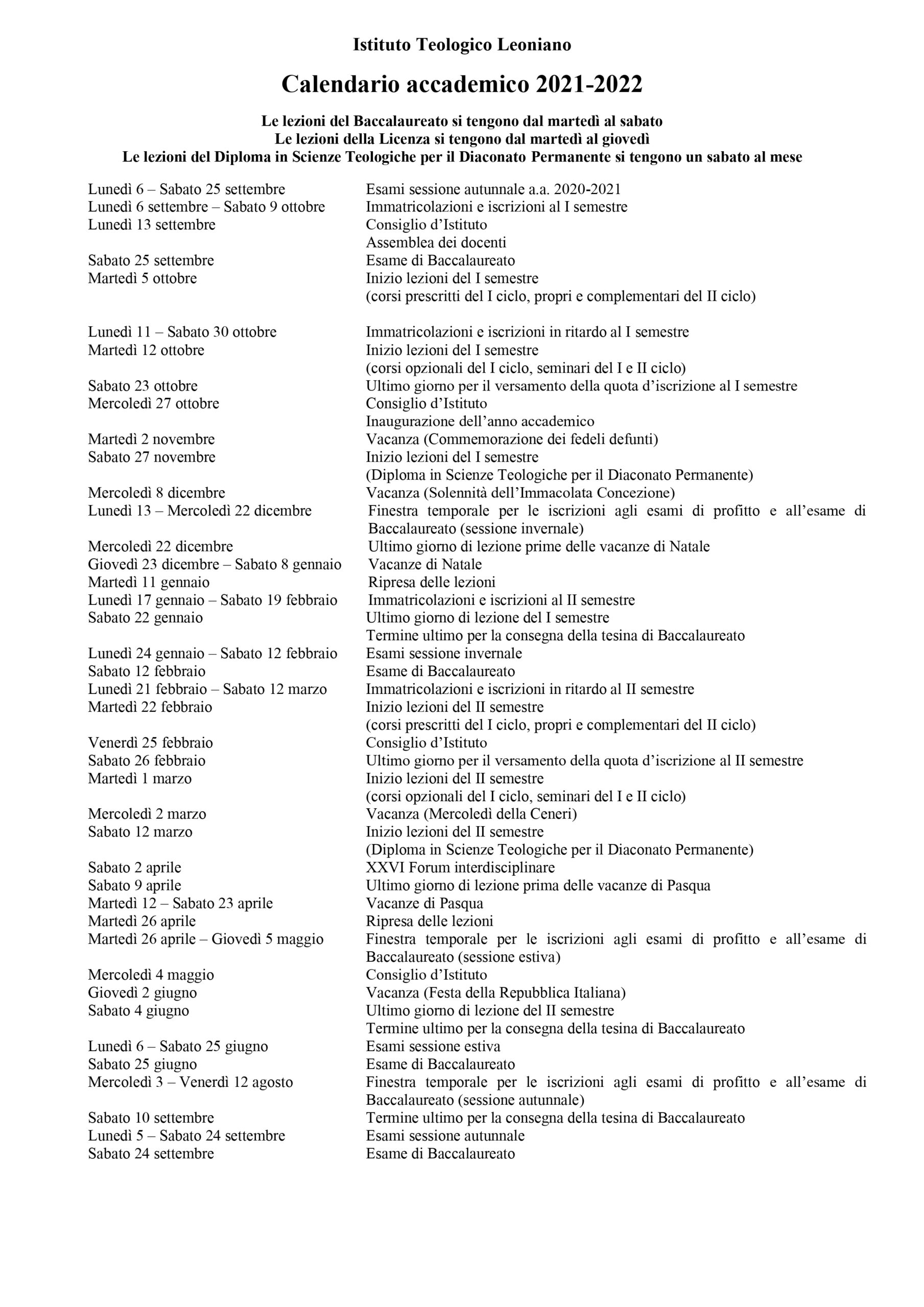 Calendario accademico 2021-2022