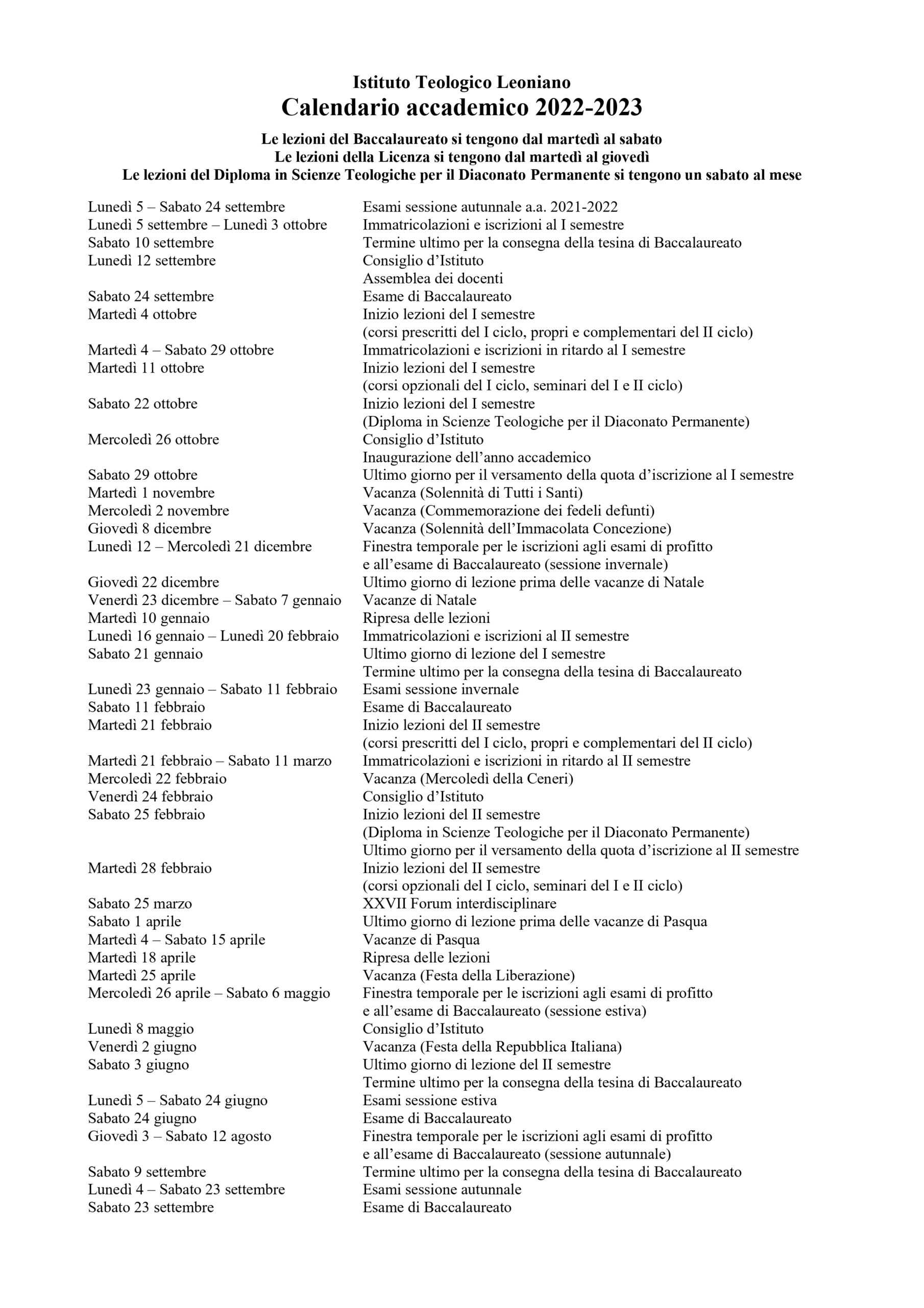 Calendario accademico 2022-2023