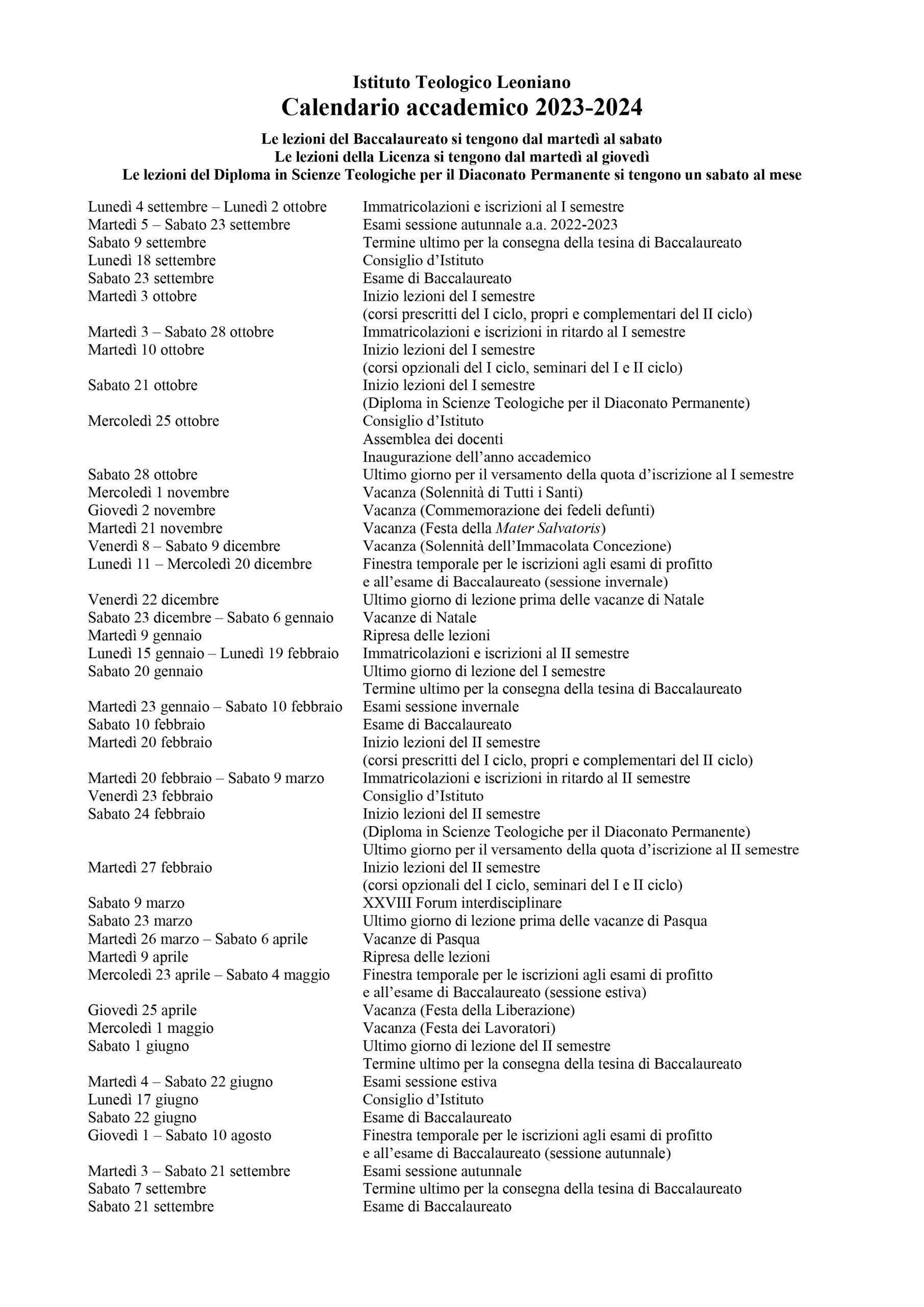 Calendario accademico 2023-2024