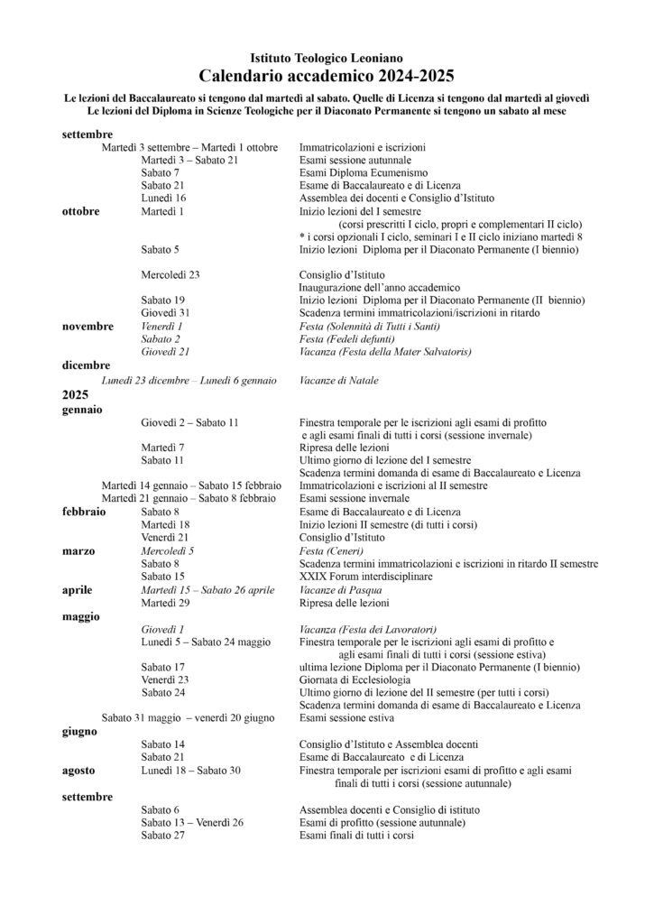 Calendario accademico 20242025 Istituto Teologico Leoniano